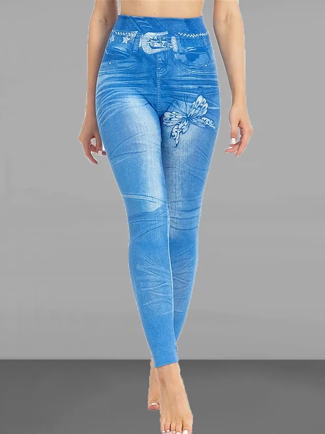 Women's Slim Pants Trousers Leggings Full Length Faux Denim Pocket High Cut High Elasticity High Waist Fashion Streetwear Street Causal Black Blue S M Summer Fall