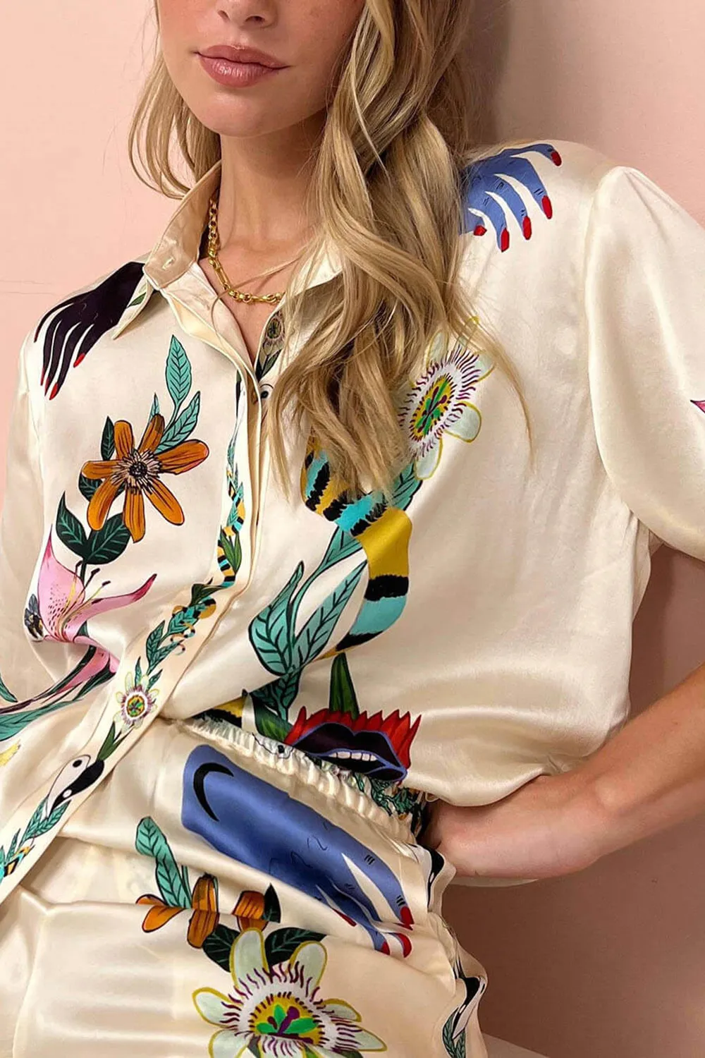 Modern sophistication oversized button-down shirt in satin with unique print