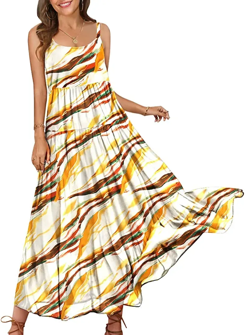 Summer Dresses for Women Casual Loose Bohemian Floral Dress with Pockets Spaghetti Strap Maxi Dress E75