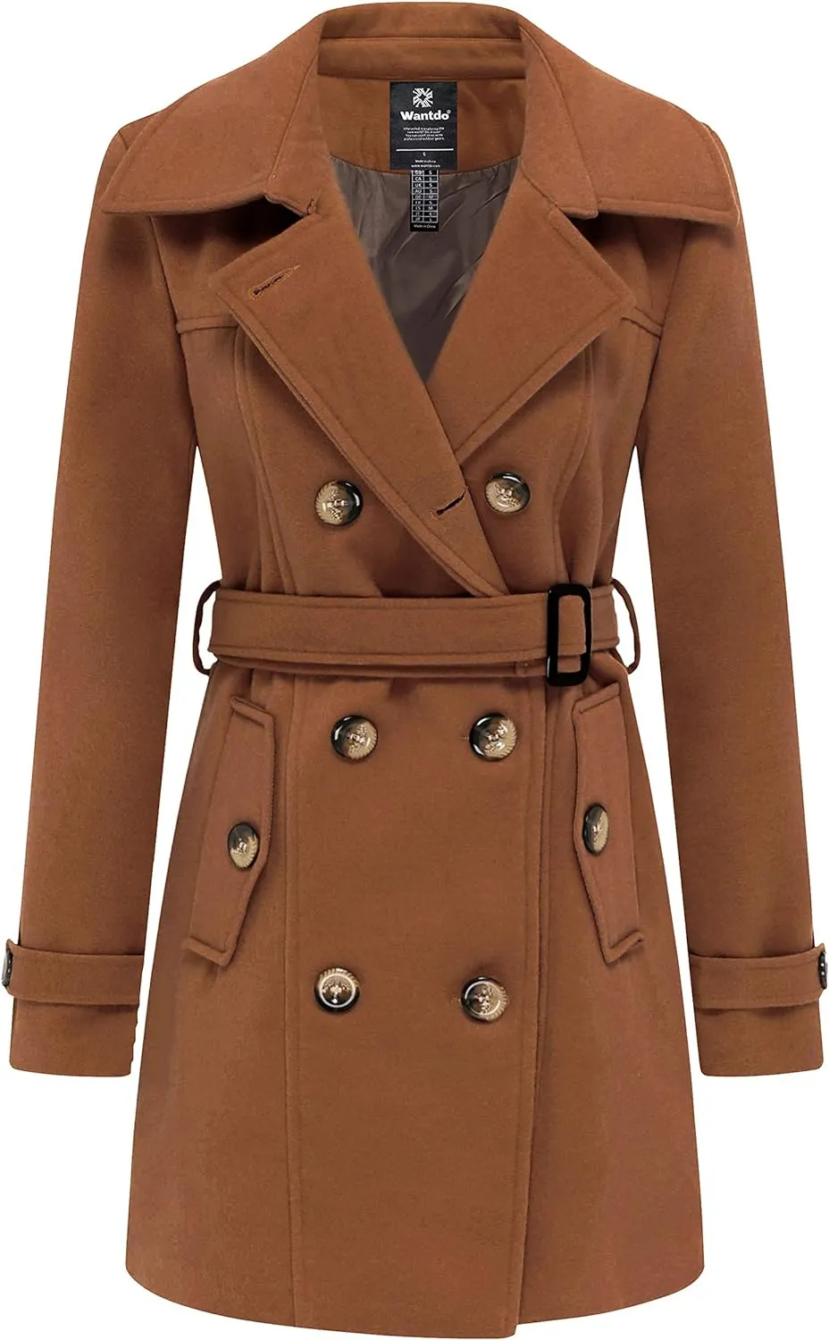 Women's Double Breasted Pea Coat Winter Mid-Long Trench Coat with Belt