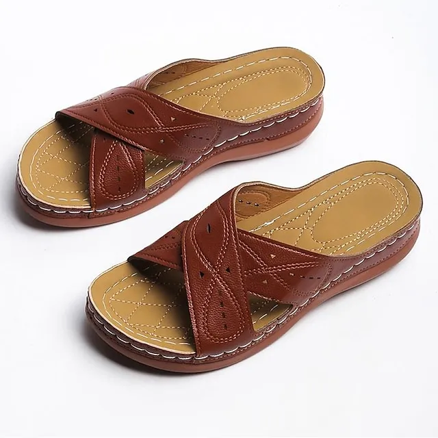 Women's Sandals Flat Sandals Orthopedic Sandals Bunion Sandals Outdoor Daily Beach Summer Flat Heel Round Toe Open Toe Classic Minimalism Walking Shoes Synthetics Loafer Solid Colored Black Red Brown