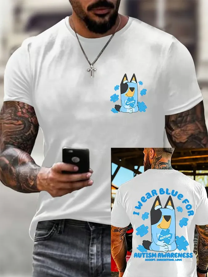 Men'S T-Shirt Men'S Retro Autism Awareness I Wear Autism Printed Crew-Neck T-Shirt Pure Cotton