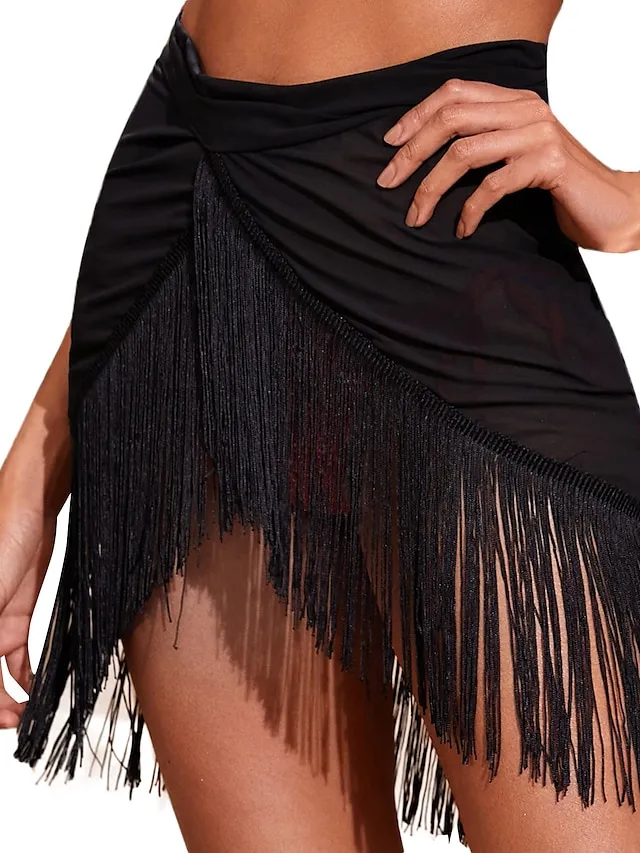 Women's Swimwear Cover Up Beach Bottom Normal Swimsuit Mesh Tassel Pure Color Black Bathing Suits New Vacation Stylish