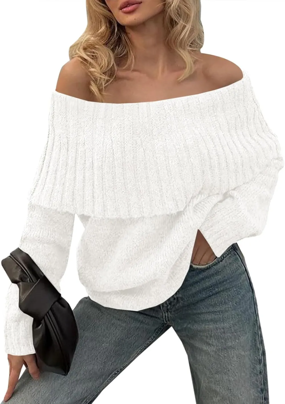 🎄Hot Sale Off The Shoulder Sweaters Long Sleeve Slouchy Knitted Casual Loose Fall Trendy Pullover Tops