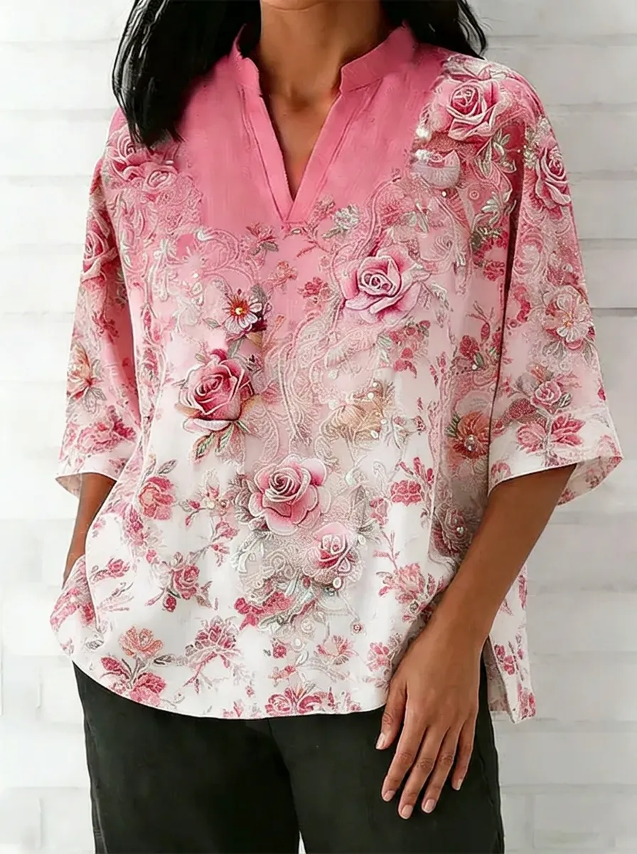 Women's Nashville Floral Rose Printed V-Neck Top