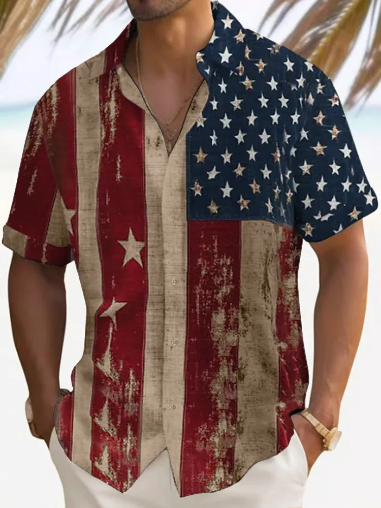Men's Independence Day Print Lapel Short Sleeve Shirt