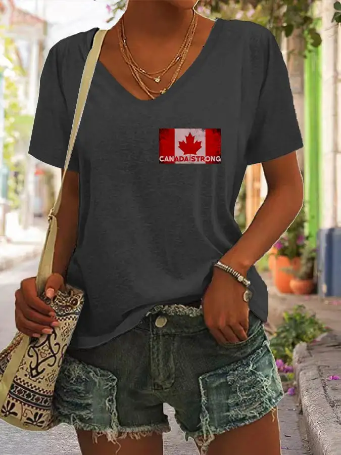 Women's Canada Strong Flag Print V-Neck T-Shirt