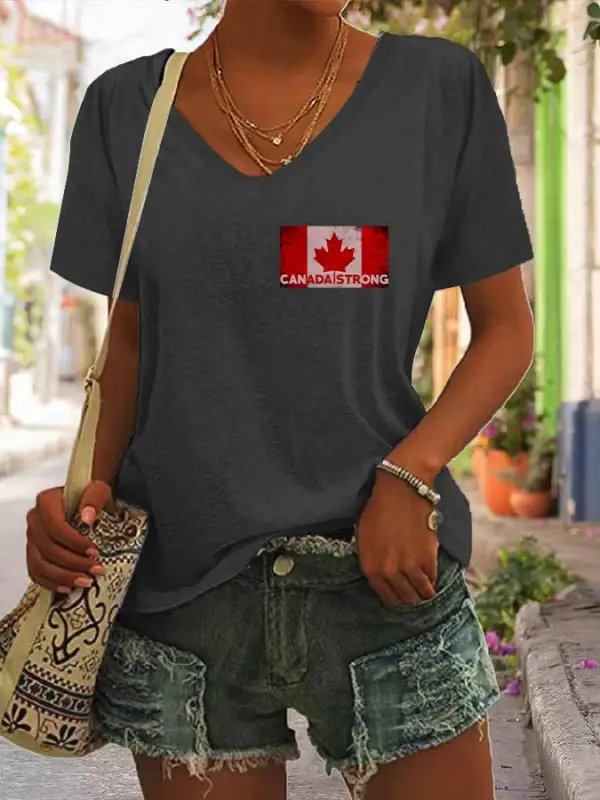 Women's Canada Strong Flag Print V-Neck T-Shirt
