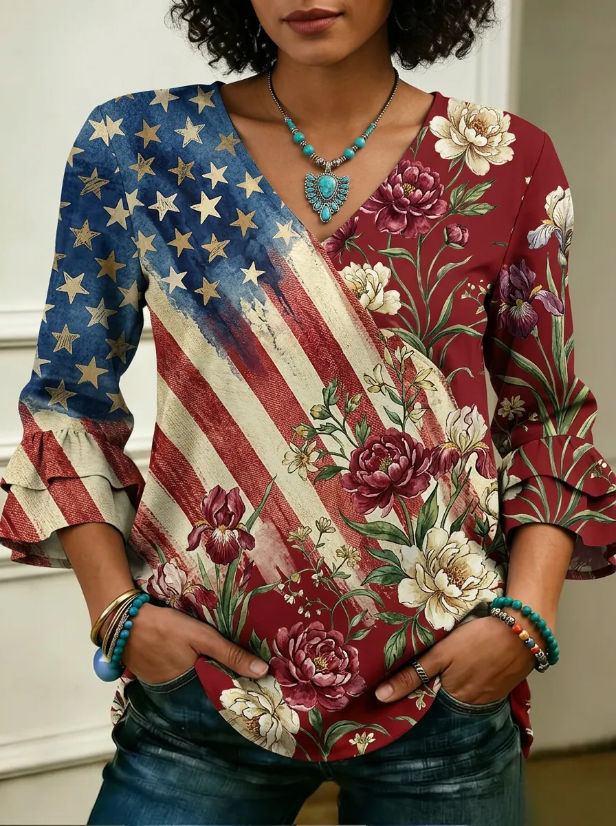 Women's Nashville American Flag Floral Printed V-neck Top