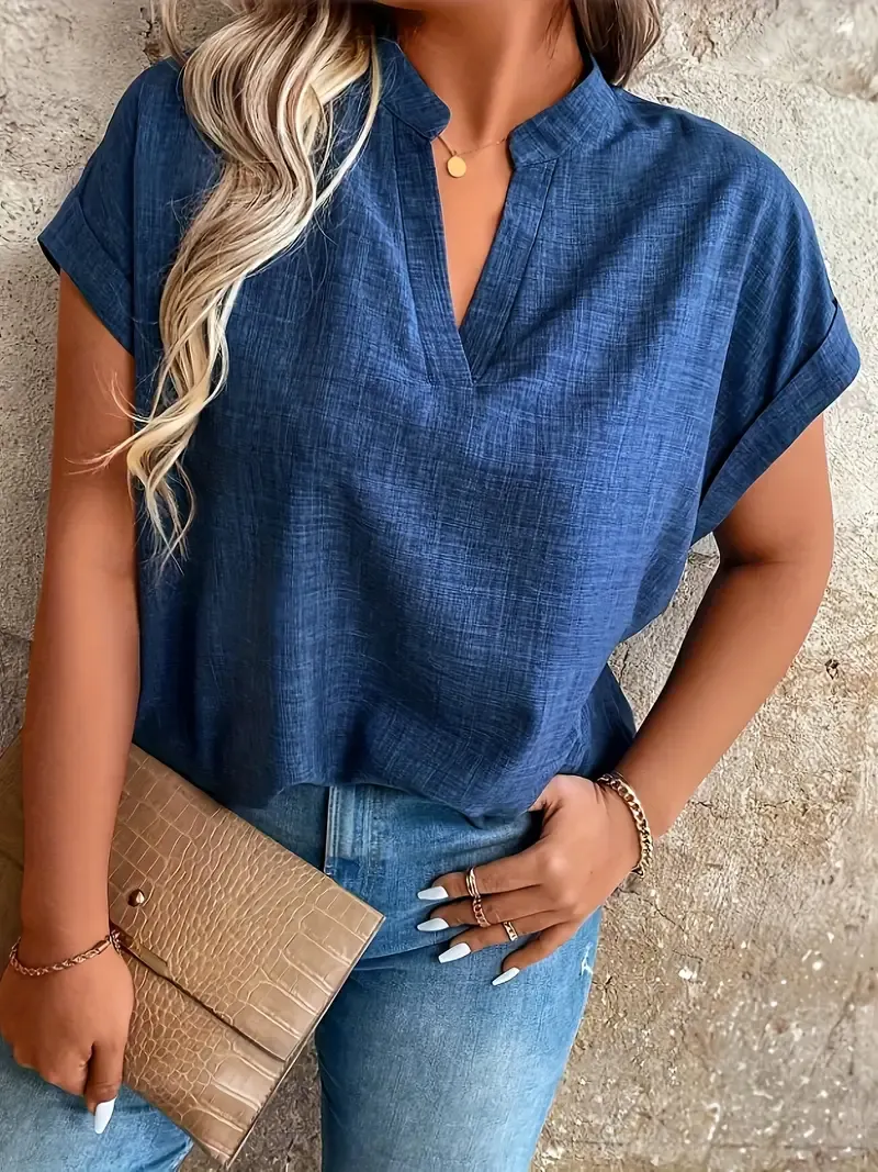 Women's Elegant Blue Notched V-Neck Blouse with Batwing Sleeves - Polyester, Machine Washable, Perfect for Spring/Summer Fashion, Casual Summer Wear|Elegant Vneck Blouse|Polyester Fabric