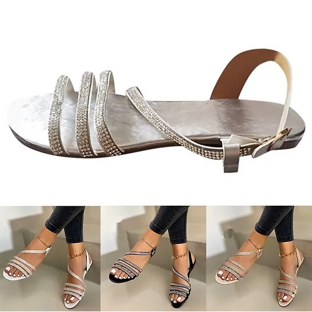 Women's Sandals Boho Bohemia Beach Sparkly Sandals Daily Summer Rhinestone Flat Heel Open Toe Casual Faux Leather Loafer Black Silver Gold