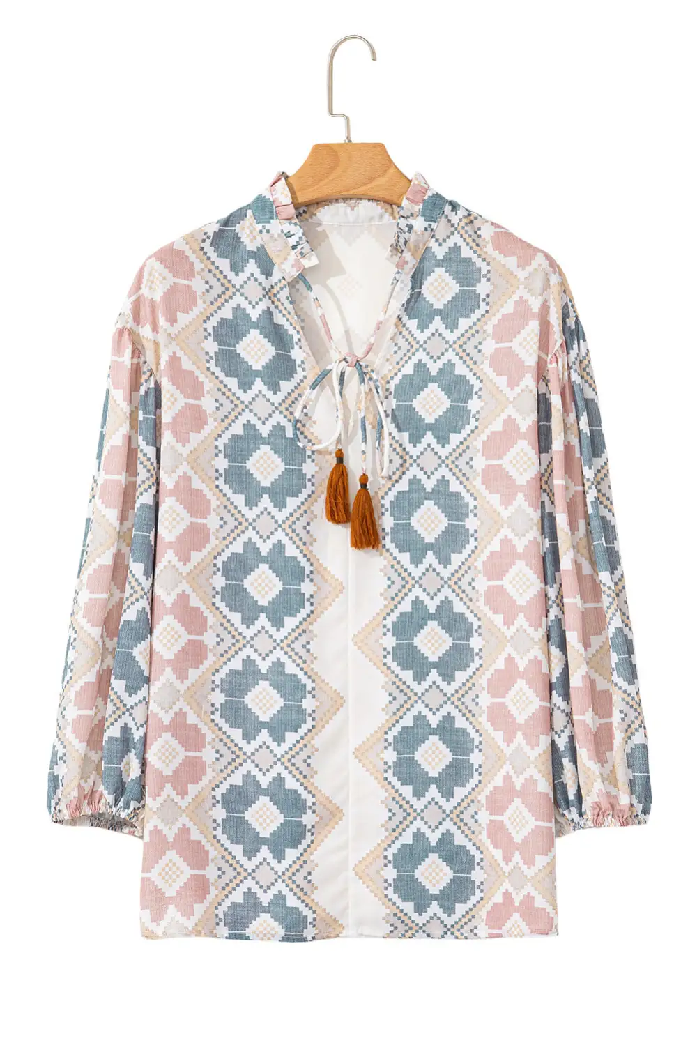 Geometric Print Western Inspired Tassel Detail Blouse