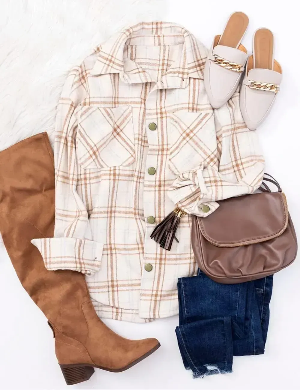 Women's 2023 Fall Clothes Plaid Shacket Jacket Long Sleeve Button Down Flannel Shirts Fashion Blouse