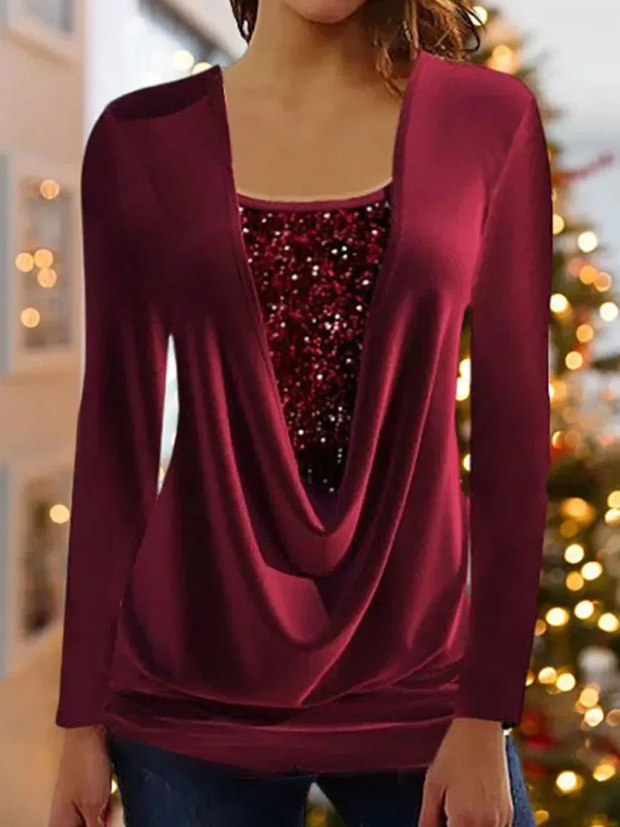 Round Neck Casual Solid Sequin Blouses