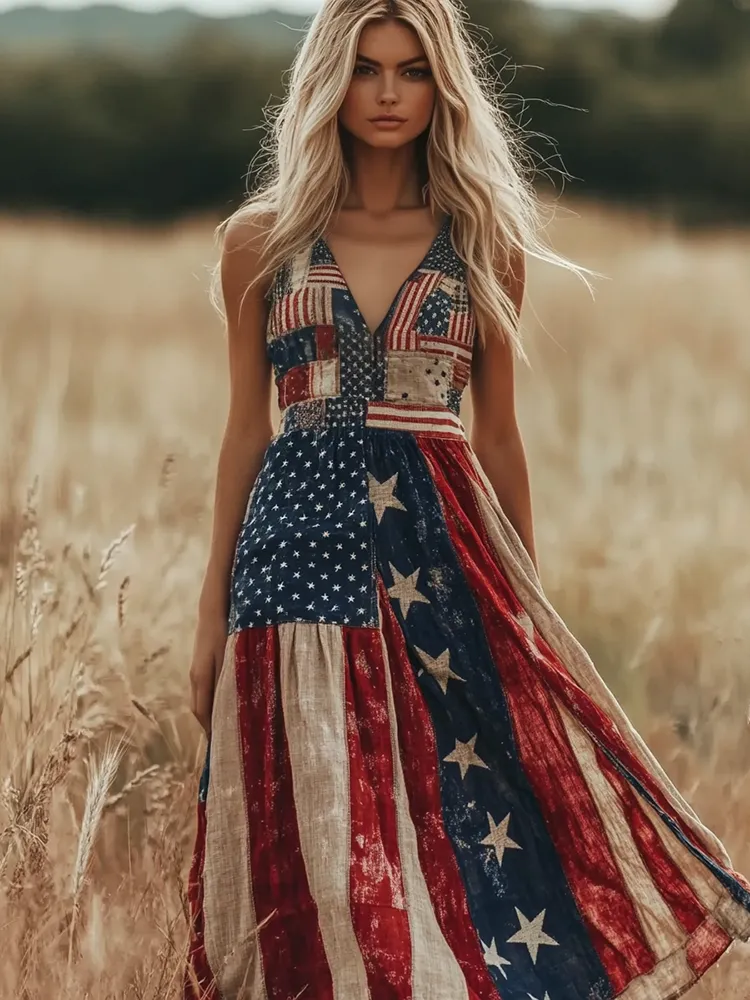 Vintage Independence Day America Flag Patchwork Print Linen Tank Maxi Dress