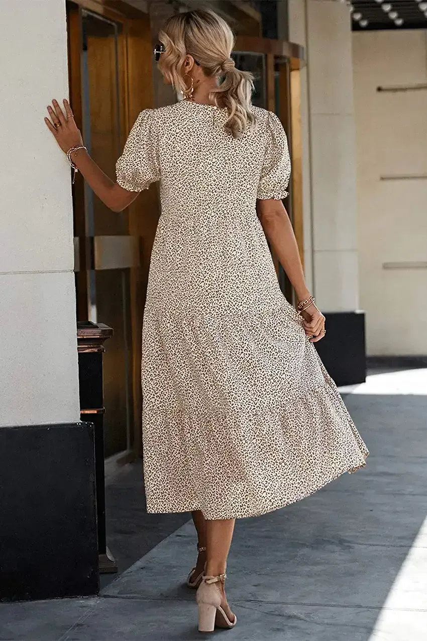 Floral Print Ruffle Puff Sleeve High Waist Midi Dresses