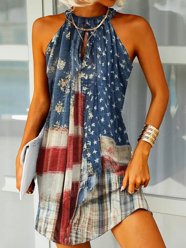 Women's Vintage Independence Day Flag Check Halter Dress
