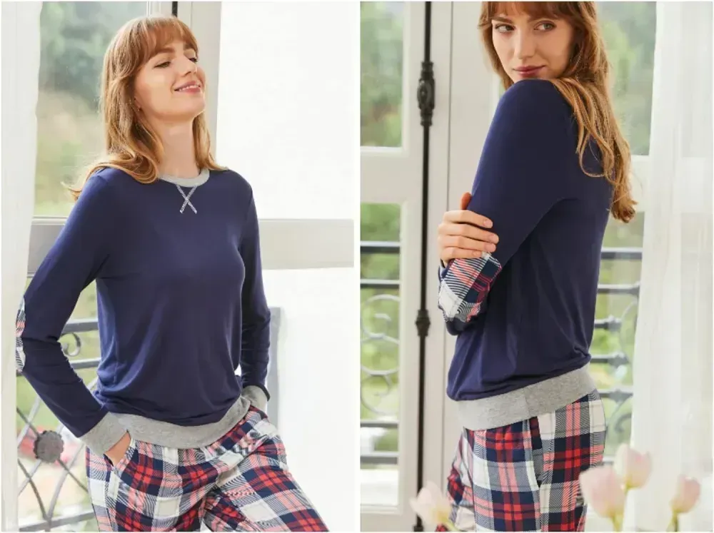 Women's Pajamas Sets Long Sleeve with Plaid Pants Soft Sleepwear O Neck 2 Piece Pjs Joggers Loung Set with Pockets