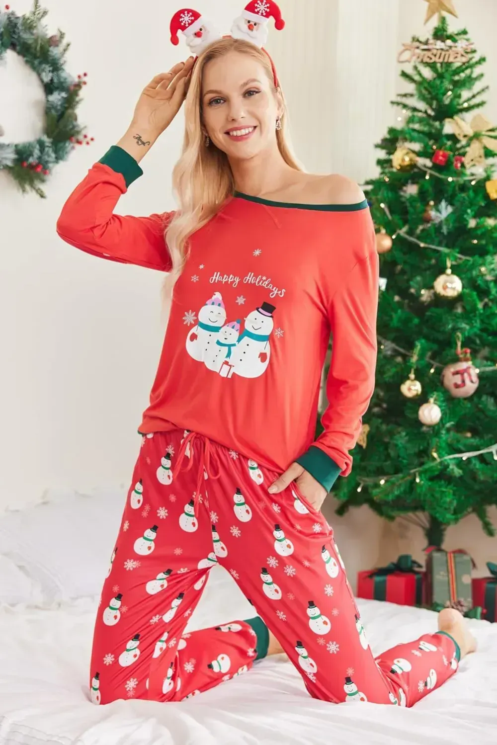 Women's Pajamas Sets Long Sleeve with Plaid Pants Soft Sleepwear O Neck 2 Piece Pjs Joggers Loung Set with Pockets