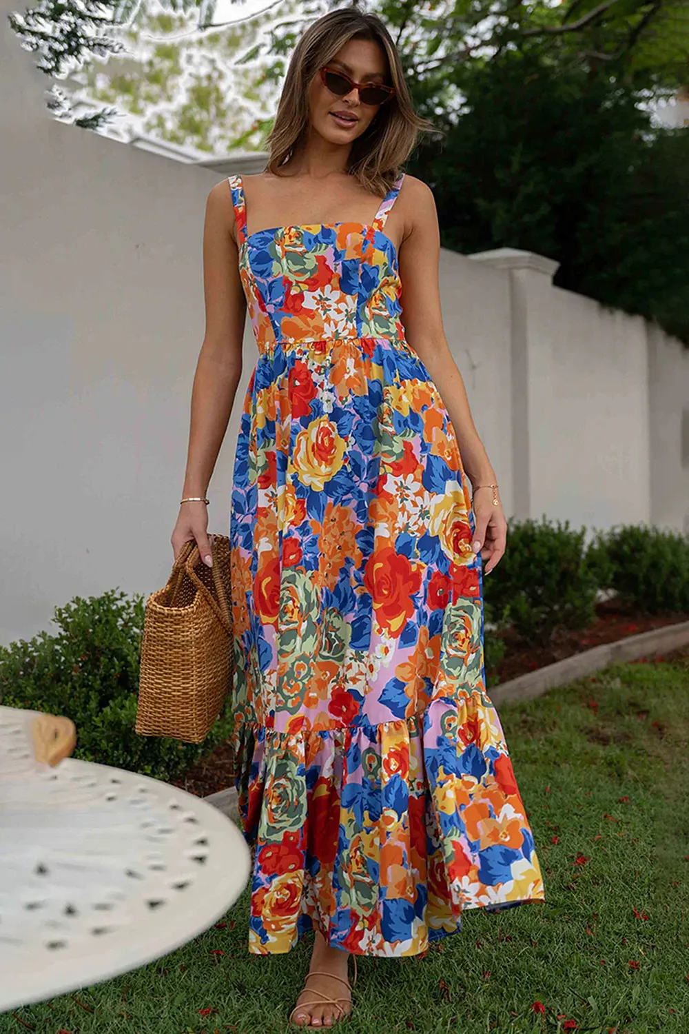 Square Neck Floral Pleated Maxi Dress