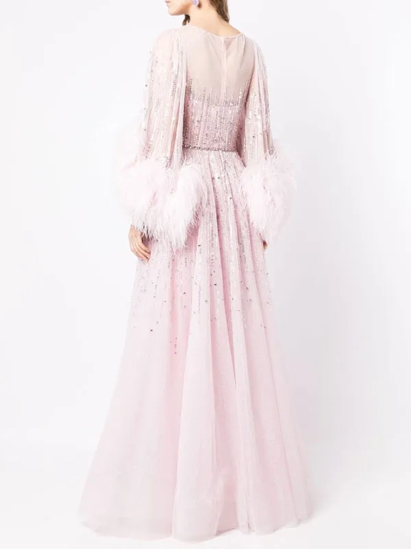 feather cuff sequin party ladies dress