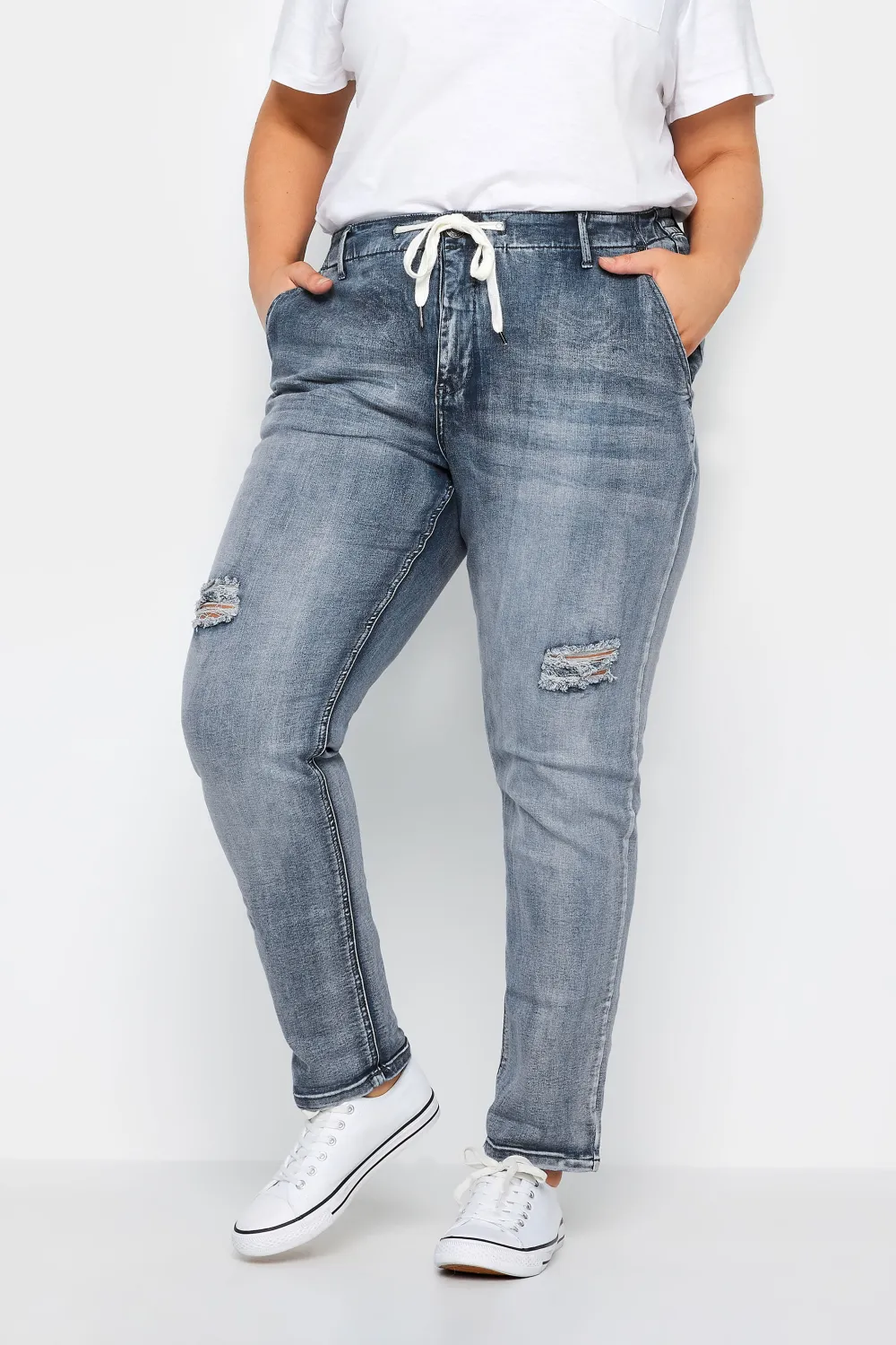 Evans Blue Washed Distressed Drawstring Jeans