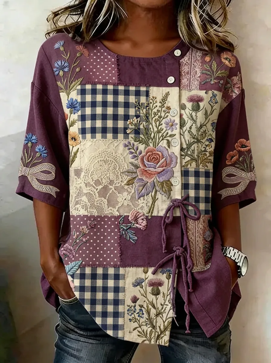 Women's Nashville Floral Patchwork Embroidered Printed Top