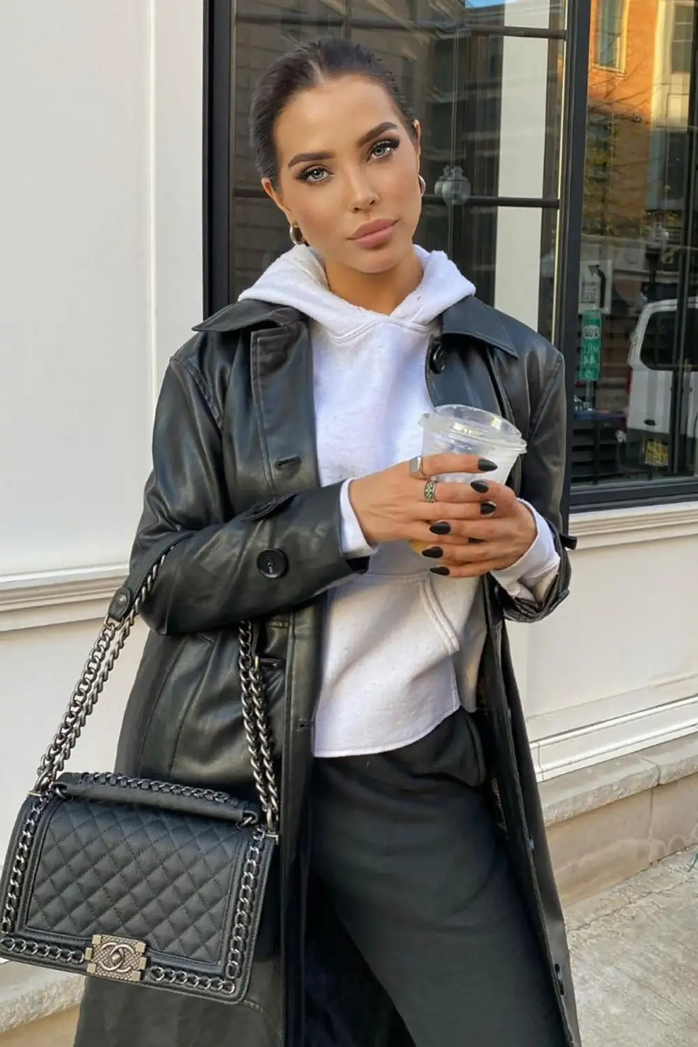 Gimme A Clue Faux Leather Trench Coat - Black