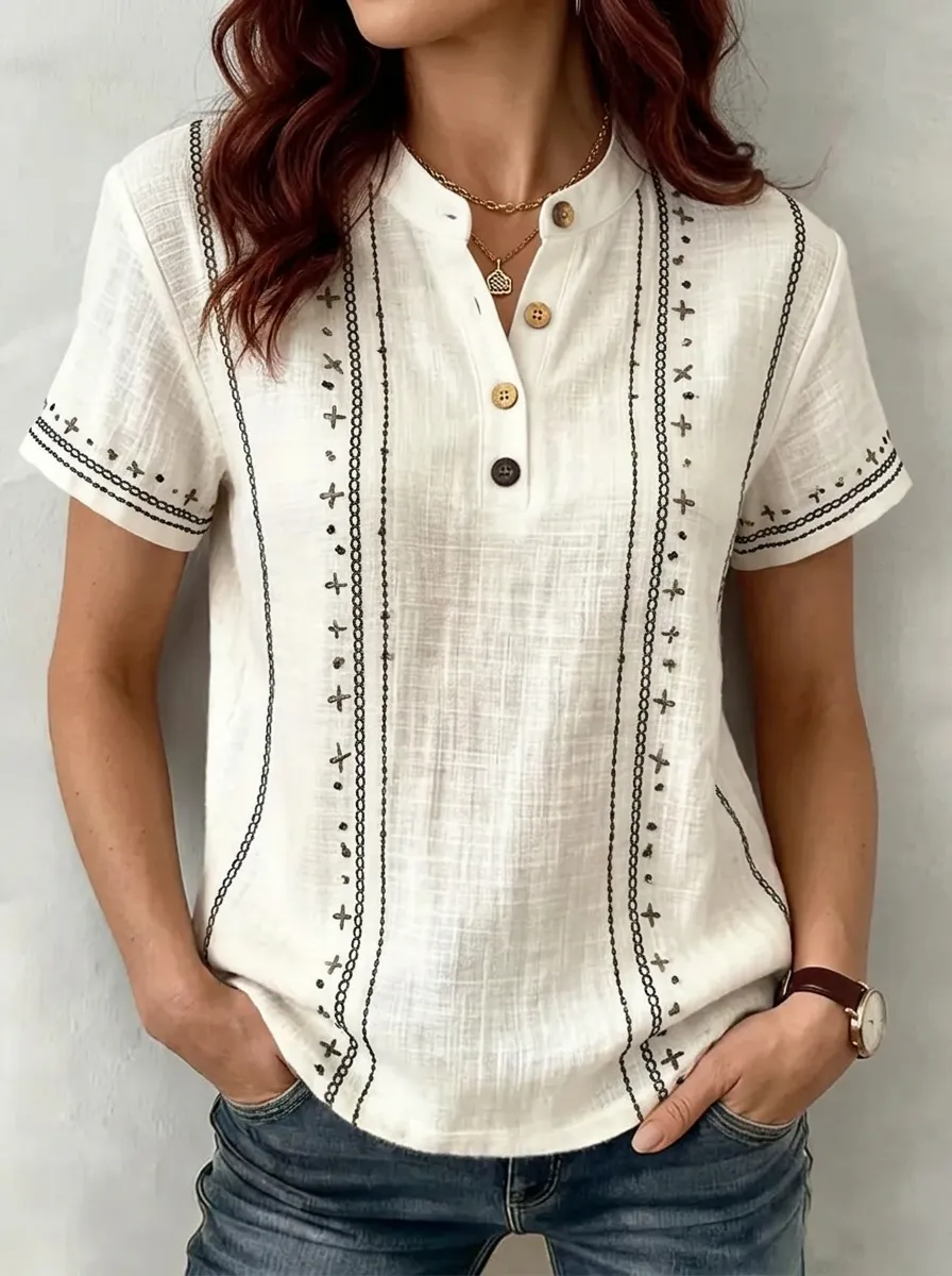 Women's Nashville Western Geometric Printed Henley Shirt