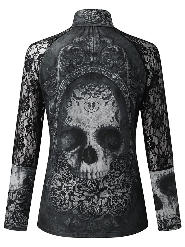 Women's T shirt Tee Black Skull Lace Print Long Sleeve Halloween Weekend Basic High Neck Regular Painting S