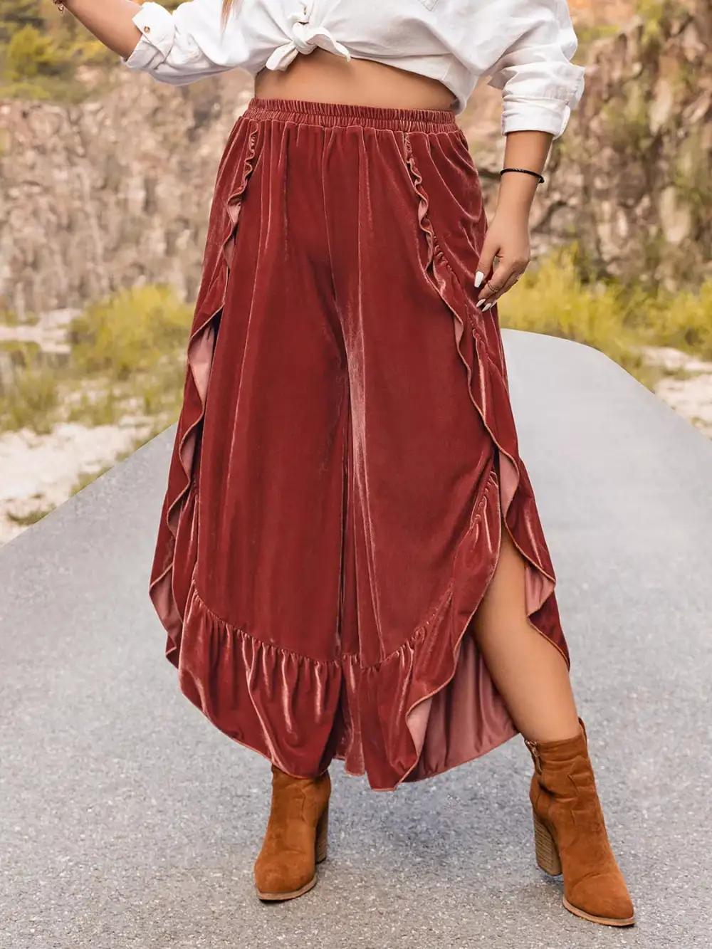 Relaxed Plus Size Velvet Ruffle Hem Wide Leg Pants