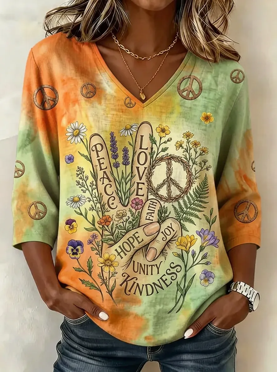Women's Nashville Hippie Floral Peace Sign Printed V-neck Top