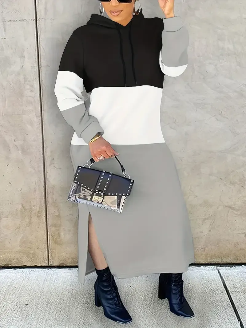 [Popular Choice] Color Block Hooded Sweatshirt Dress with Slit Detail, Knit Polyester and Spandex Blend, Machine Washable - Ideal for Spring/Summer/Fall