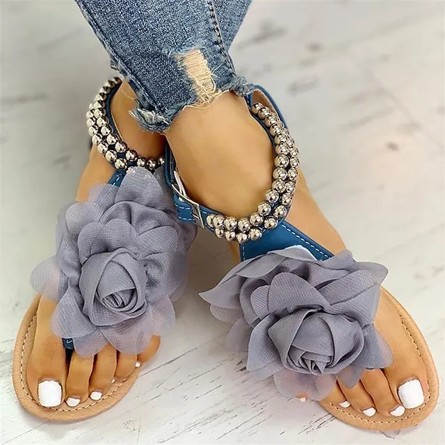Women's Sandals Boho Bohemia Beach Flat Sandals Daily Summer Flower Flat Heel Open Toe Sweet PU Leather Buckle Solid Colored Pink Blue Beige