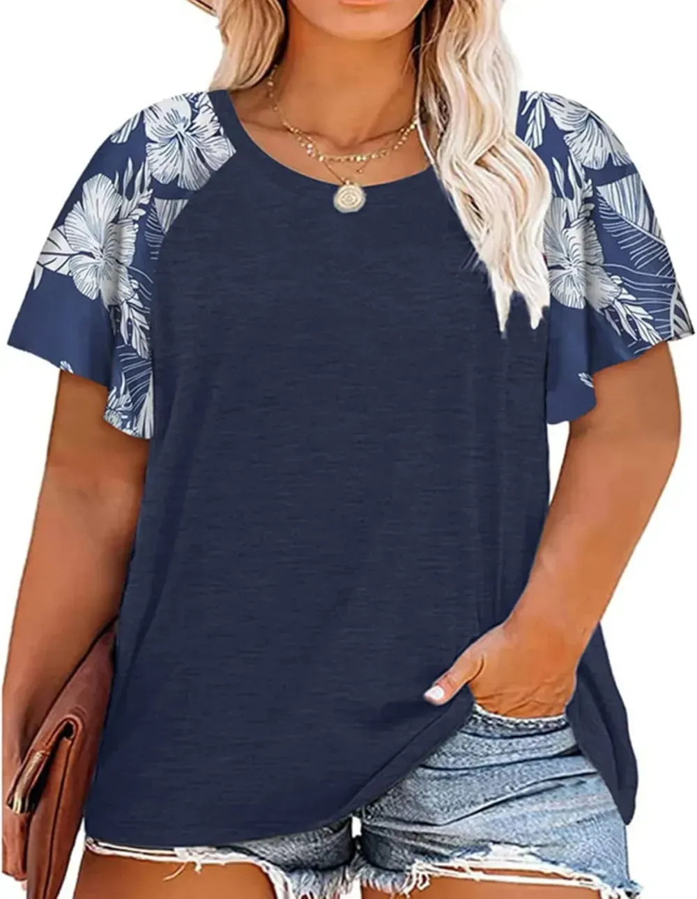 HDLTE Womens Plus Size Tops Floral Bell Sleeves Blouses Summer Crewneck Tunic Loose Casual T Shirts