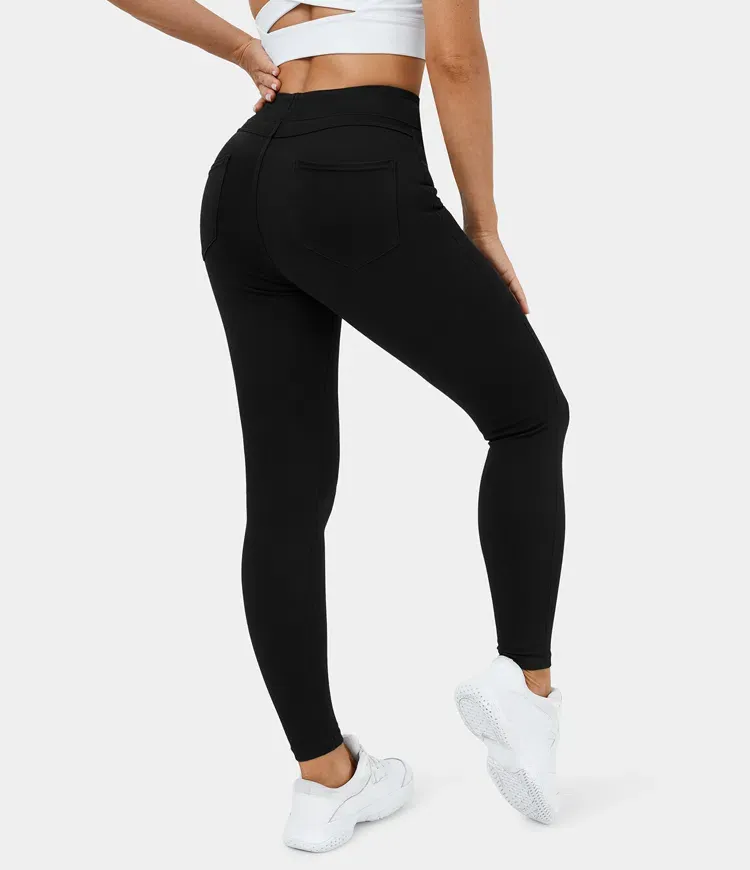 High Waisted Back Side Pocket Stretchy Knit Denim Casual Leggings