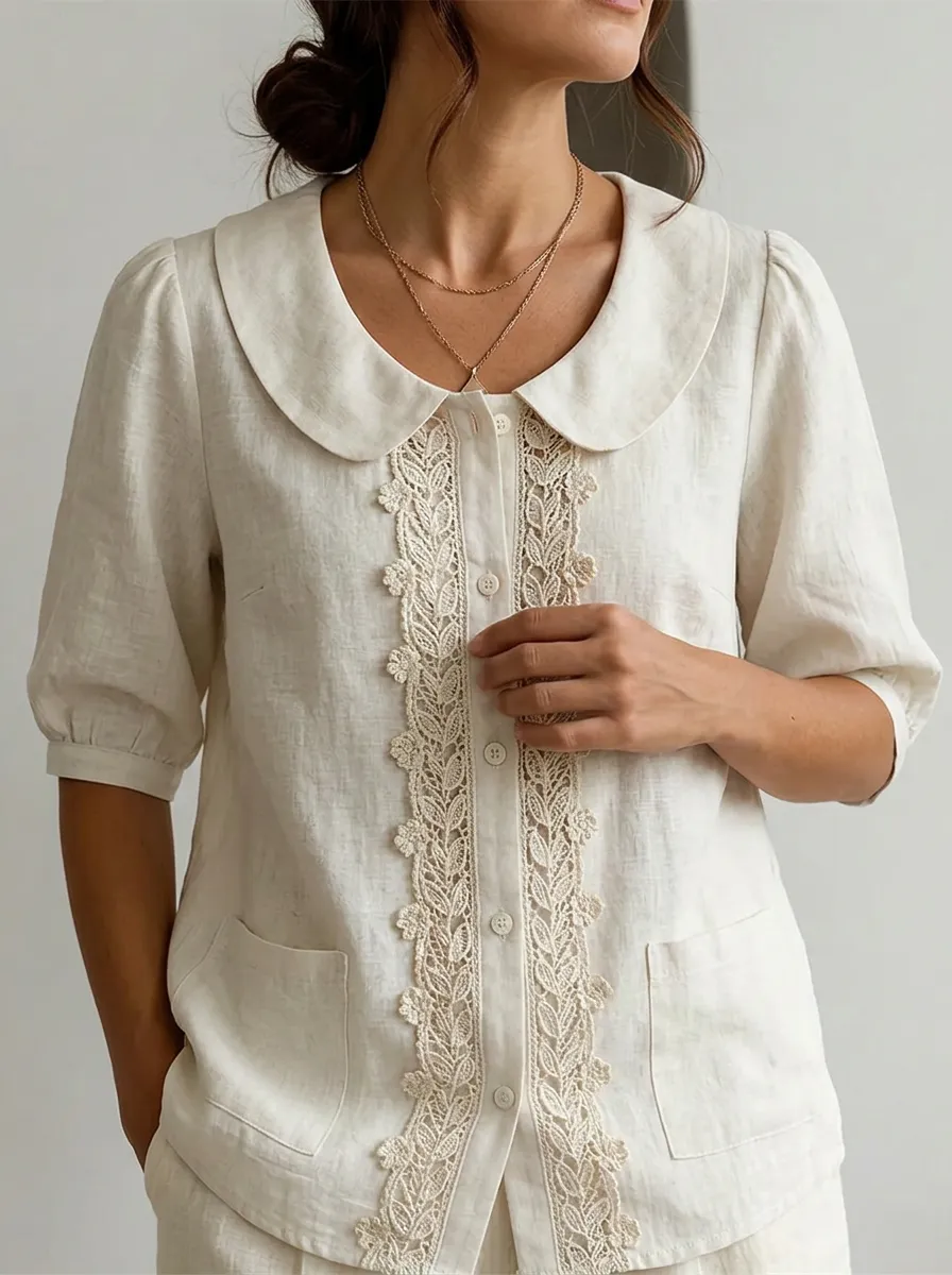 Women's Nashville Vintage Lace Trimmed Button-Down Linen Shirt
