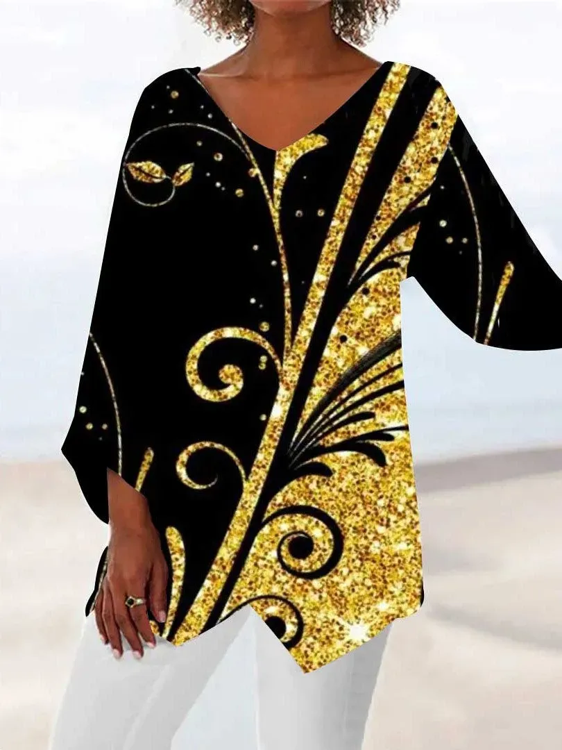 Women Asymmetrical 3/4 Sleeve V-neck Printed Graphic Top Dress