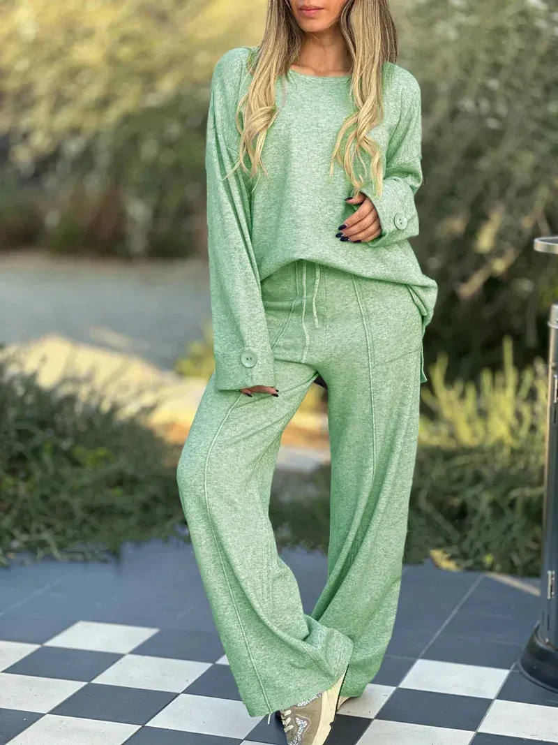 Womens 2 Piece Lounge Set Fall Long Sleeve Pullover Tops And Long Wide Leg Pants Tracksuit Sweater Lounge Sets