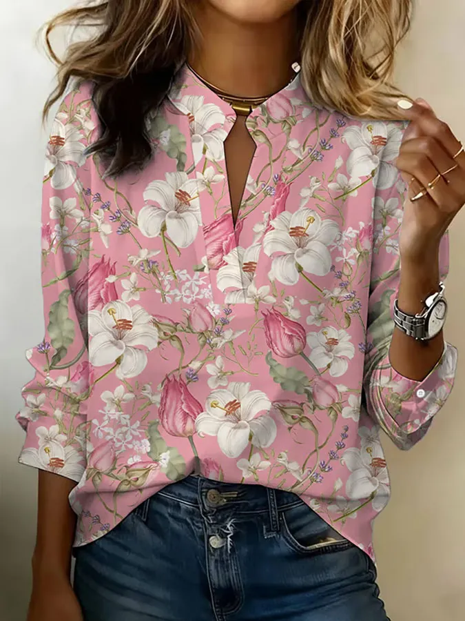 Women'S Retro Floral Art Print V-Neck Long Sleeved Shirt
