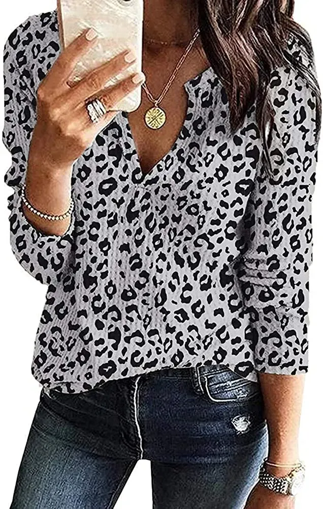 Women's V Neck Waffle Knit Henley Tops Casual Long Sleeve Pullover Sweater Blouses