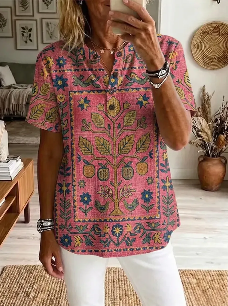 Women's Nashville Floral Tree Pattern Printed Henley Shirt