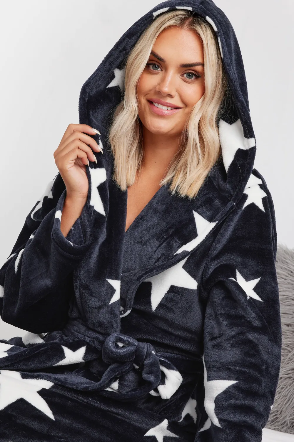 YOURS Curve Navy Blue Star Print Hooded Maxi Dressing Gown