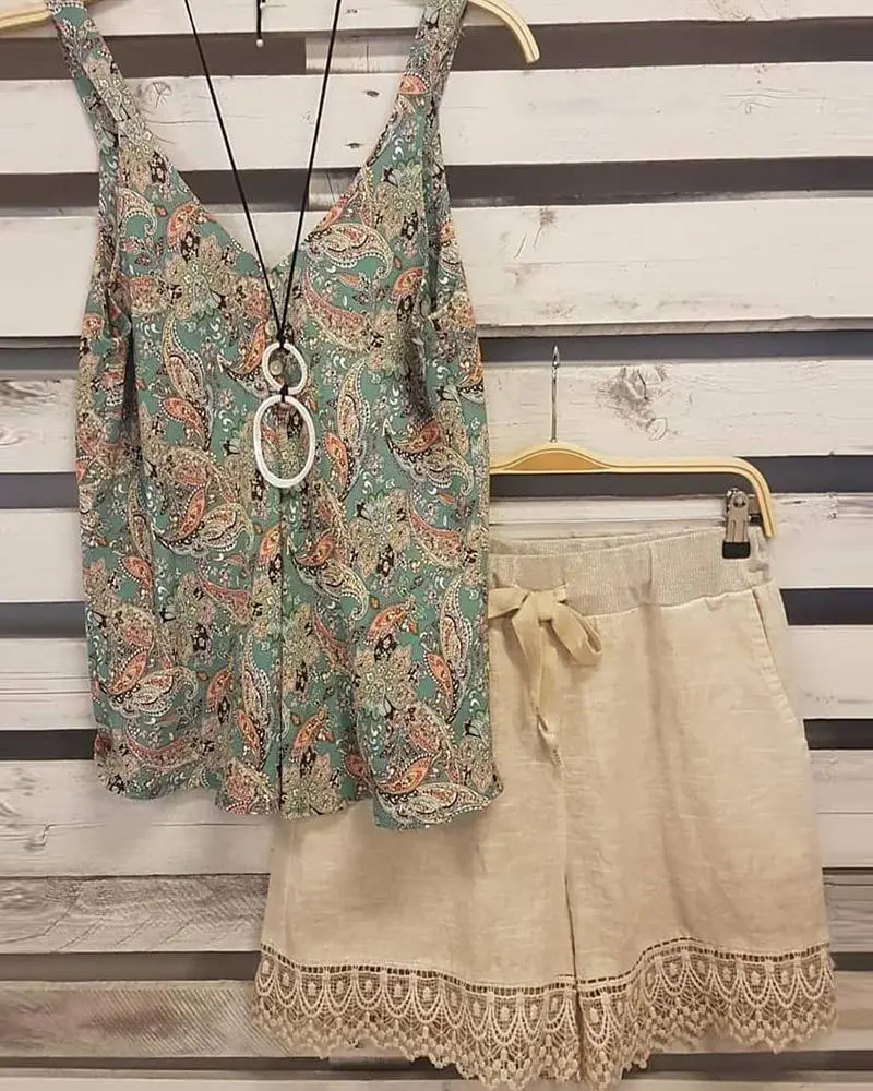 Floral Print V Neck Sleeveless Two Piece Suit
