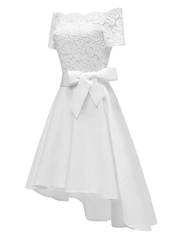 Women's Black Dress Party Dress Lace Dress Knee Length Dress White Pink Wine Short Sleeve Pure Color Lace Summer Spring Fall Off Shoulder Elegant Party Wedding Guest Birthday 2022 S M L XL XXL