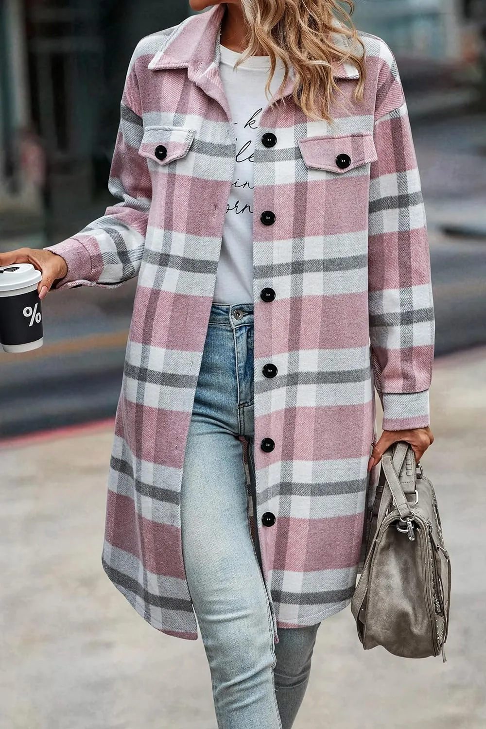 Women's Plaid Shacket 2023 Long Sleeve Button Up Flannel Shirt Winter Tartan Jacket Woolen Coats