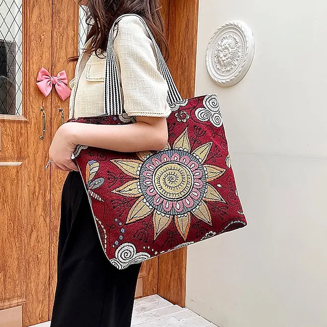 Women's Tote Shoulder Bag Canvas Tote Bag Canvas Shopping Holiday Zipper Large Capacity Foldable Lightweight Geometric Folk Style one Style Three Style two