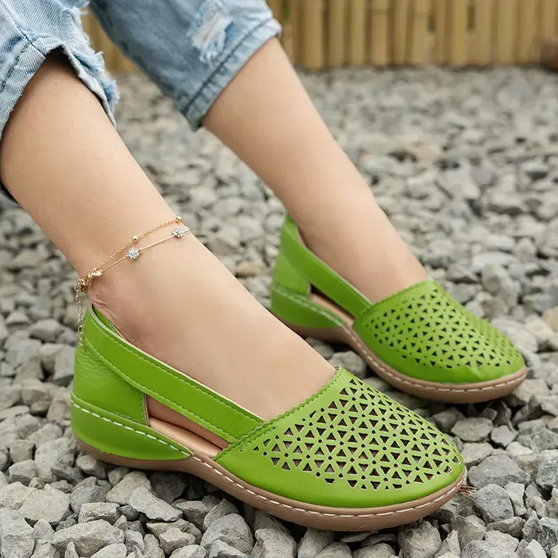 Women's Hollow Out Flat Sandals, Solid Color Cut-out Closed Toe Slip On Shoes, Casual Faux Leather Shoes