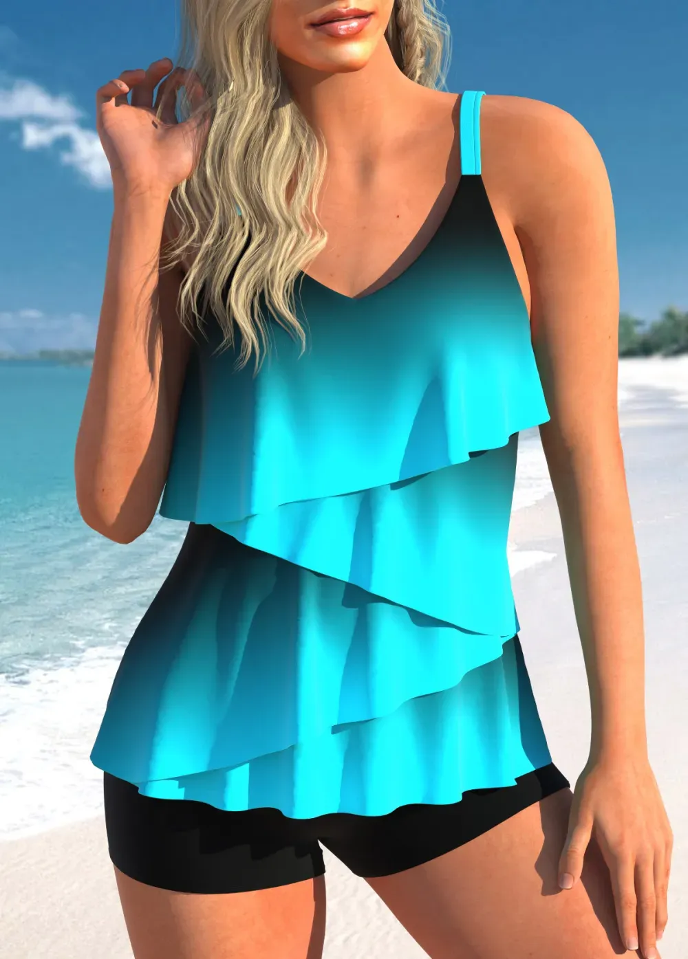 V Neck Patchwork Light Pink Tankini Top