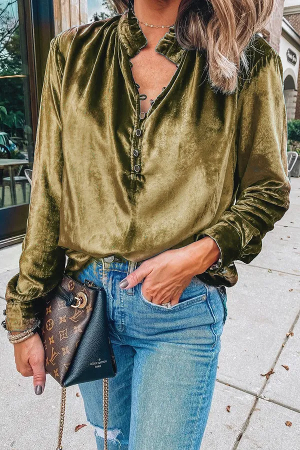 Vintage Button Detailed Velvet Top